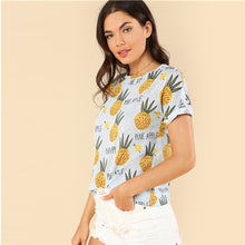 Load image into Gallery viewer, SHEIN Blue Preppy Round Neck Short Sleeve Fruits Print Letter Regular Fit Tee Summer Girls Youthful T-shirt Top
