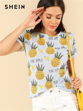 Load image into Gallery viewer, SHEIN Blue Preppy Round Neck Short Sleeve Fruits Print Letter Regular Fit Tee Summer Girls Youthful T-shirt Top