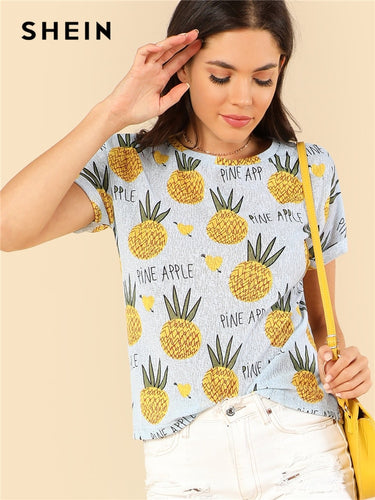 SHEIN Blue Preppy Round Neck Short Sleeve Fruits Print Letter Regular Fit Tee Summer Girls Youthful T-shirt Top